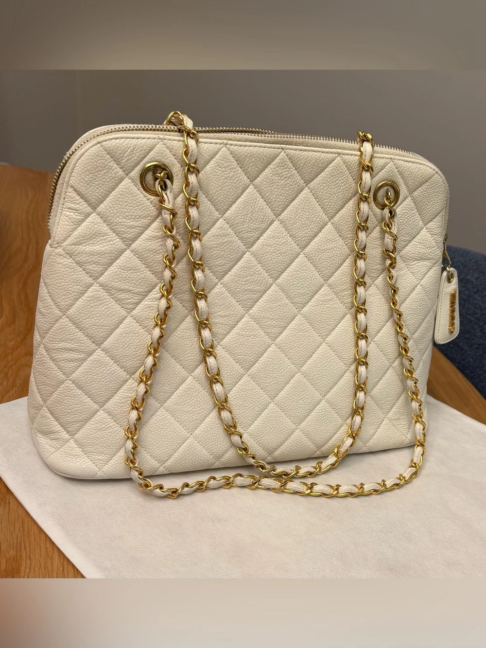 Authentic Vintage White Chanel Caviar Quilted Chain Tote - 24k Plated GHW